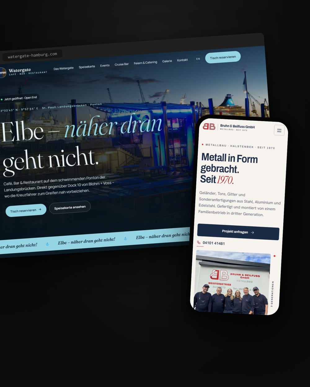 Die Websites von Watergate Hamburg am Desktop und Bruhn & Beilfuss auf dem Smartphone