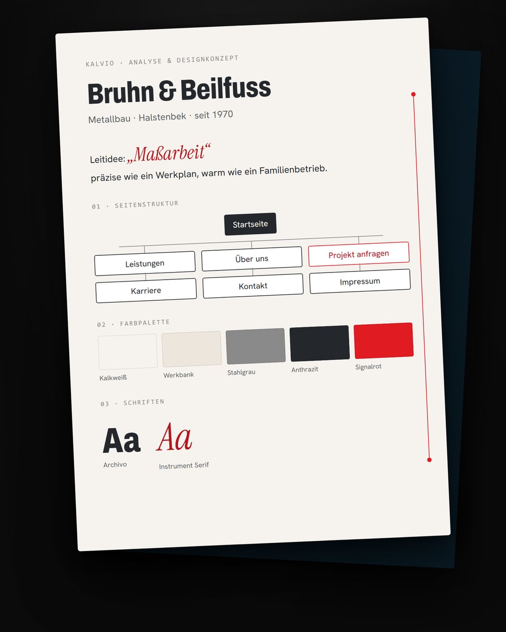 Konzeptblatt für Bruhn & Beilfuss mit Seitenstruktur, Farbpalette und Schriften